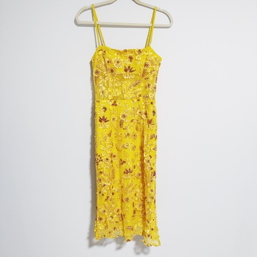Dress the Population - Yellow Floral Embroidered Sequins Midi Dress